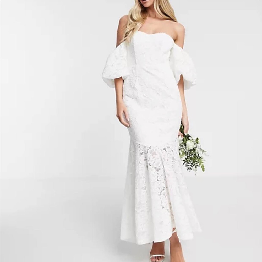 Asos off the shoulder lace wedding dress